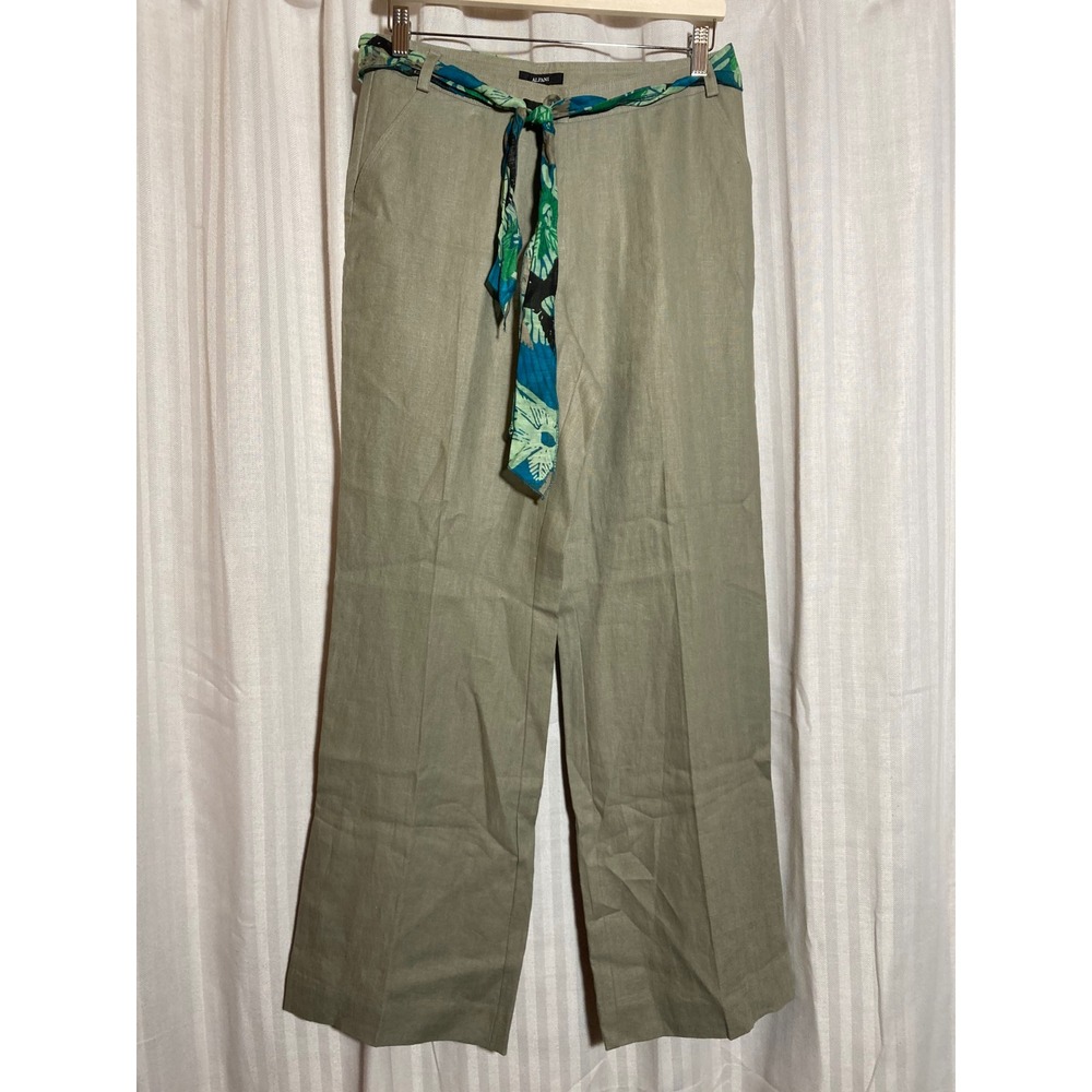 Sage Green 100% Linen Wide Leg Trousers Tropical Sash Belt Size 6 Alfani Womens